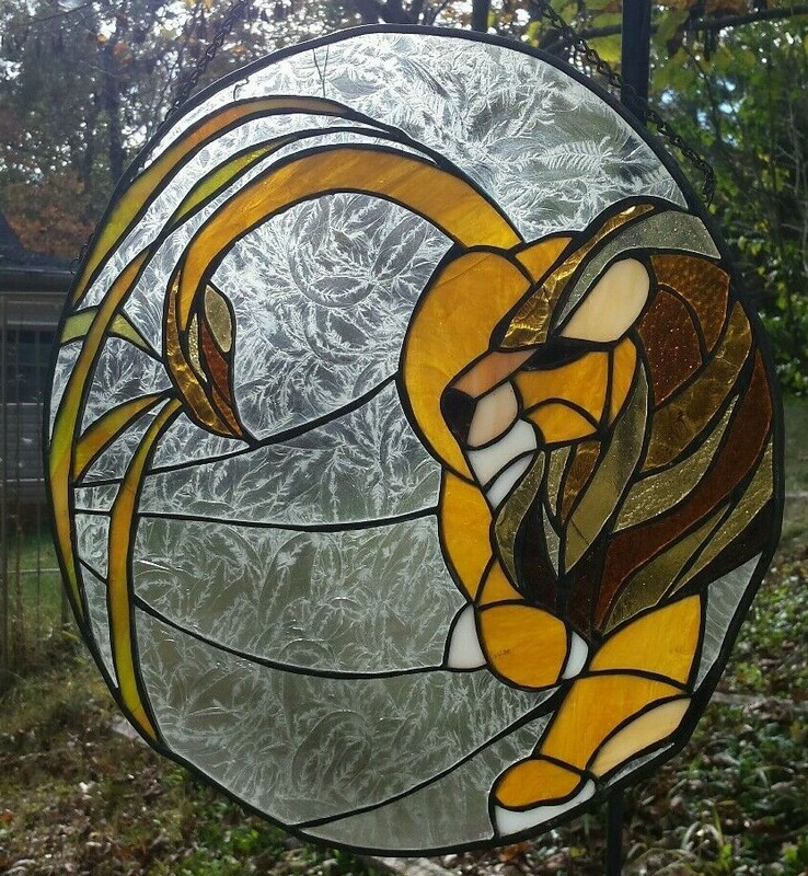 Vintage Stained Glass Round Wall Hanging jungle lion Sun Catcher handmade 18″
