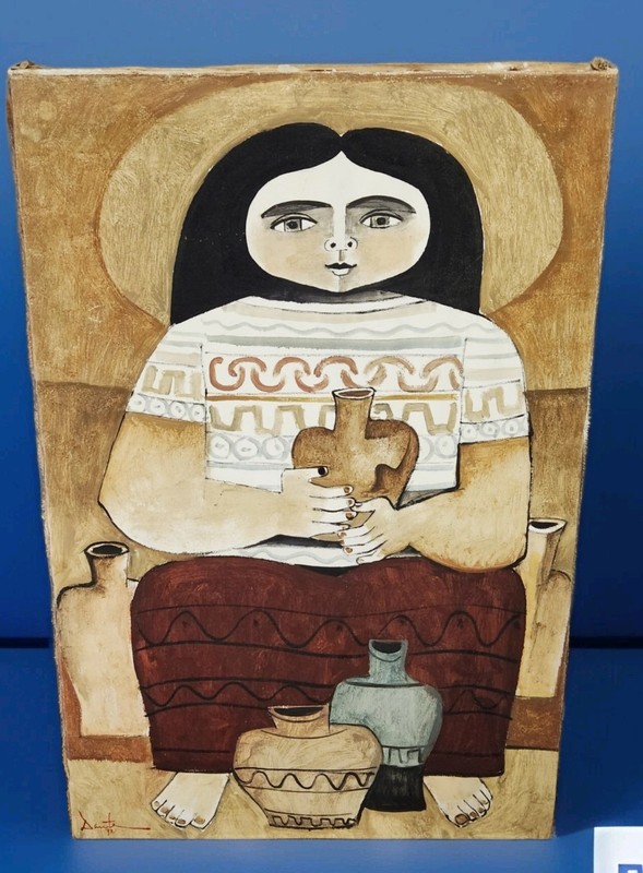 Vtg Art painting Woman Pottery vases MCM Dante ethnic Native American 23 X 35