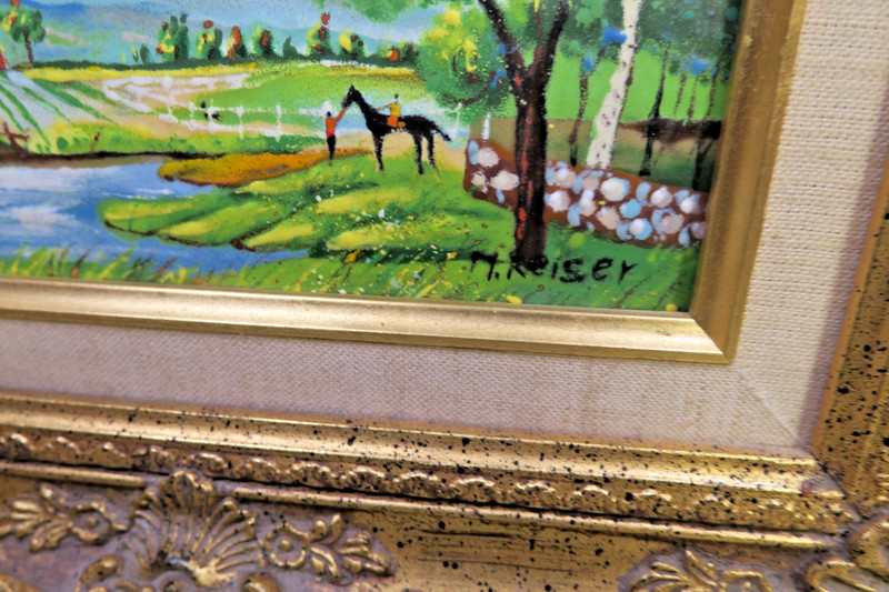 Enamel Hand Painting on Copper Farm Scene - Gold Gilded Frame 1960's M. Reiser gallery