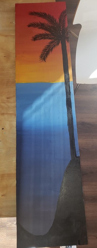 Acrylic Painting Of Palm Tree On Island With Sunset On Wood