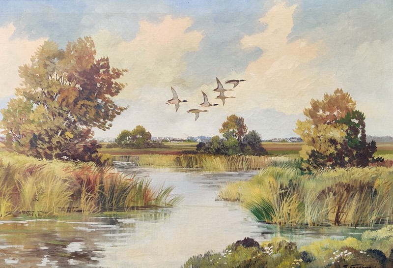 Einar Landberg: GEESE OVER A WETLAND, original oil painting gallery
