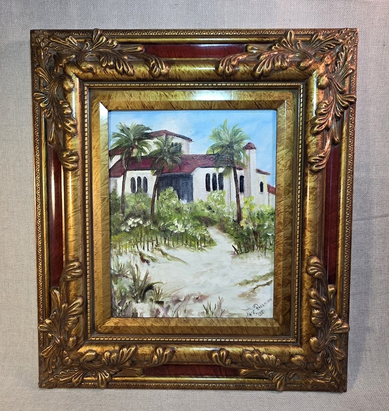 Oil Painting Coastal Mediterranean Villa Sea Landscape Signed Ornate Gold Frame