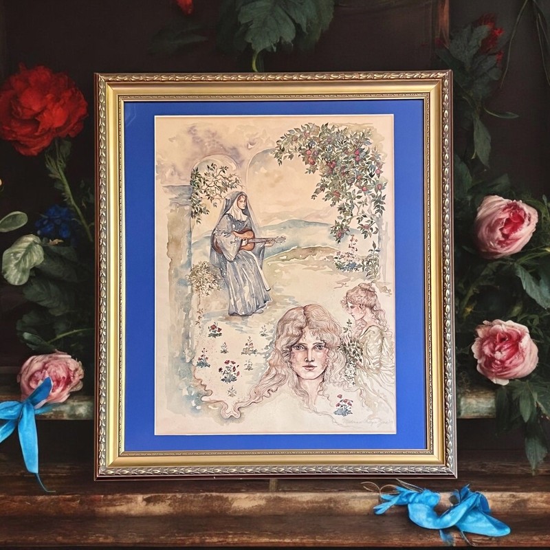 Original Watercolor-Vintage Framed Artwork-Art Nouveau-Renaissance-Portrait-Muse