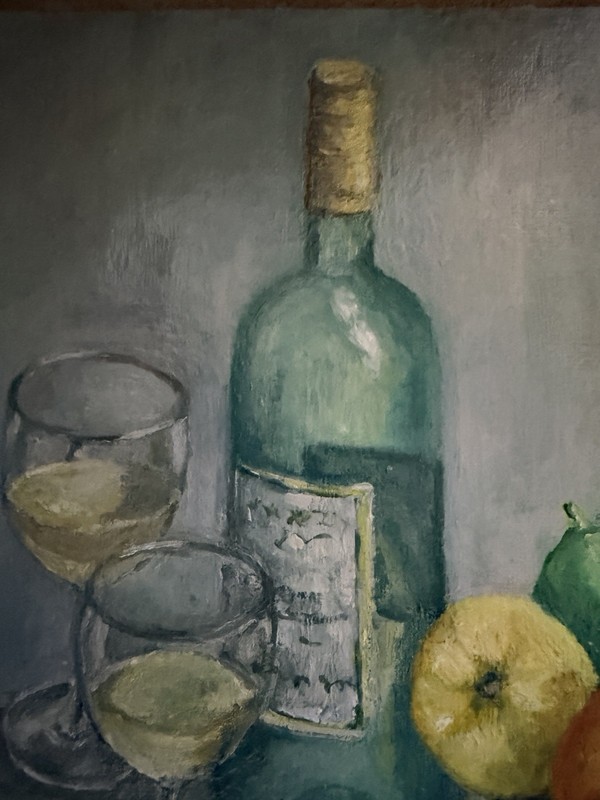 Original Oil Painting Still Life Wine Bottle Fruit Lemons 12x9 gallery