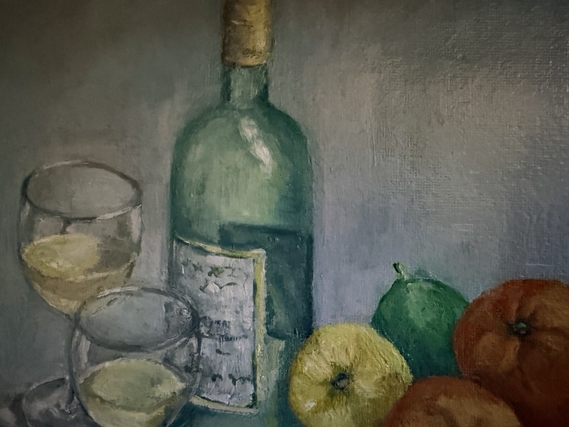 Original Oil Painting Still Life Wine Bottle Fruit Lemons 12x9 gallery