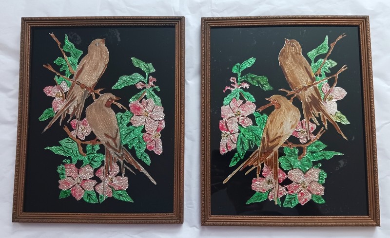 Tin Foil Art Birds Pair of Vintage Framed Folk Art
