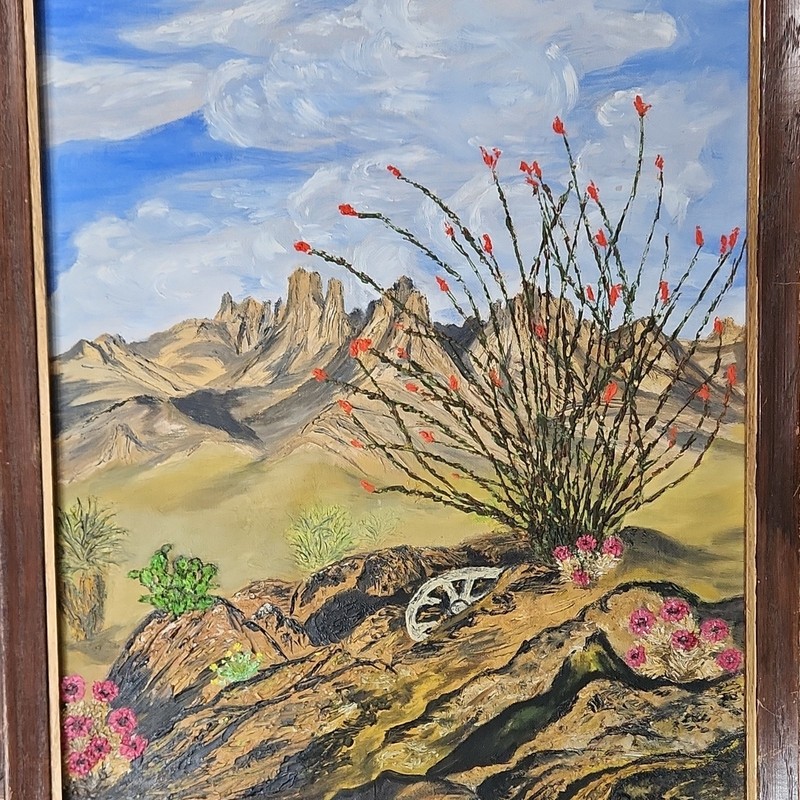 Delena Oil Painting Framed Signed Desert Landscape Mountains Cactus Flowers