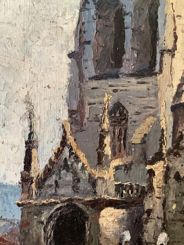 ANTIQUE IMPRESSIONISM BRETON WOMEN IN FRONT OF THE CHURCH FRENCH OIL PAINTING gallery