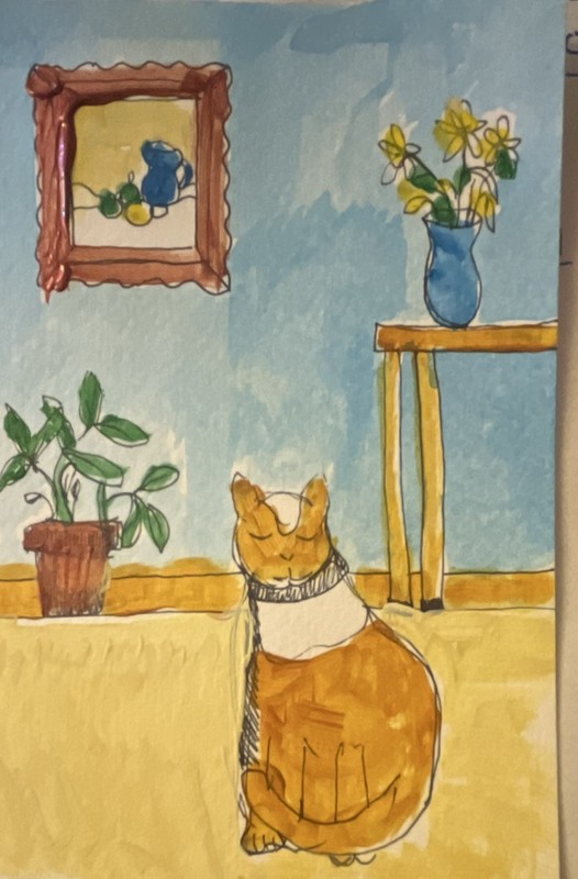 Original Watercolor Painting Cat Interior Flowers Paper Small 4 x 6