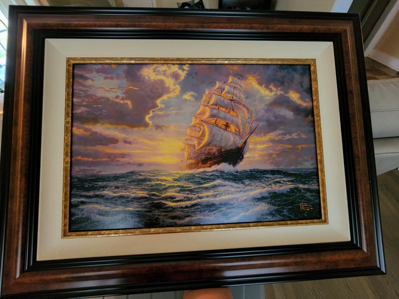 Thomas Kinkade 18×27 framed canvas. Courageous Voyage. Nephew signed back. 