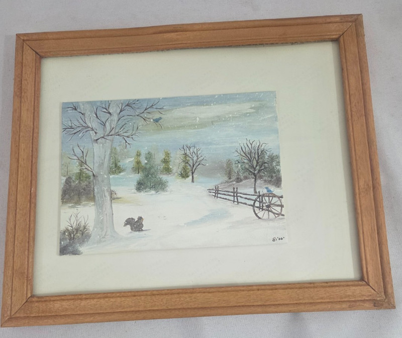 Original Framed Winter Landscape Painting 5x7 Canvas Snow Squirrel Signed B '03 gallery