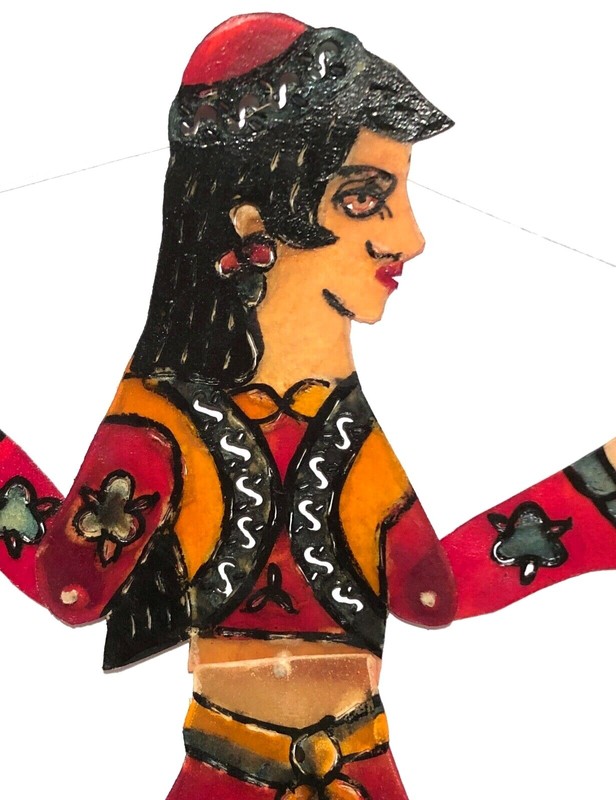 VINTAGE KARAGOZ TURKEY HAND PAINTED LEATHER SHADOW PUPPET FIGURE FOLK ART gallery