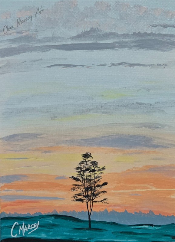 «Lone tree at Sunset” Original Artwork by Cleve Marcey on 9×12 Stretched Canvas