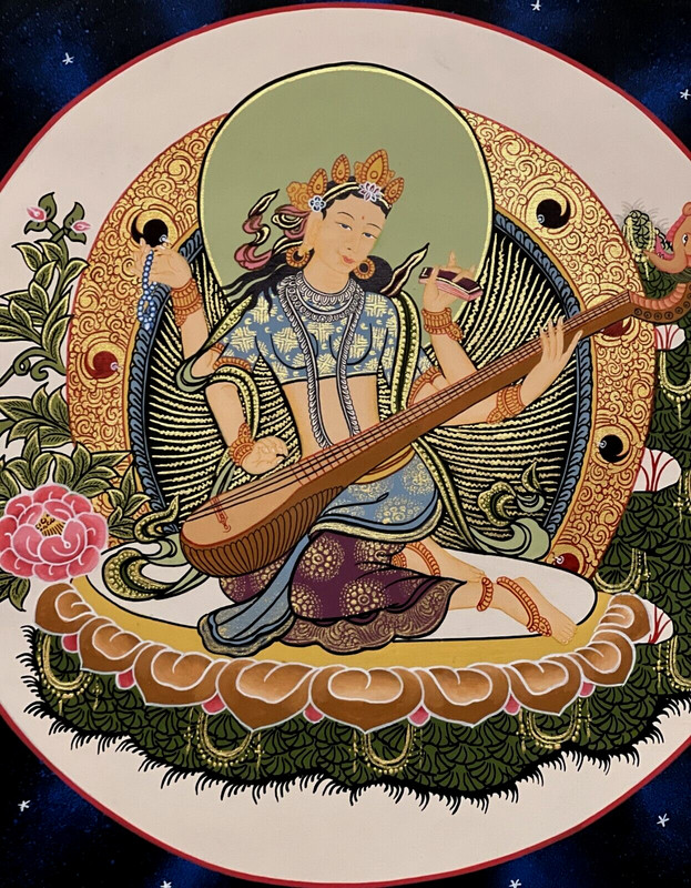 SARASWOTI GODDESS OF KNOWLEDGE/ MUSIC/ ARTS/ WISDOM PAINTING WITH SILK BROCADE gallery