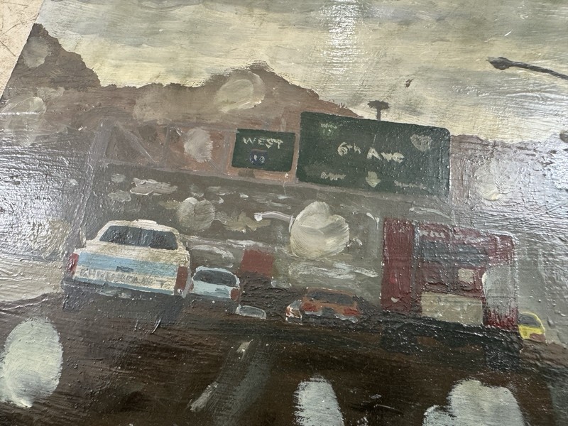 Rain Windshield Highway Signs Oil Painting Board Unsigned Unknown Artist Tucson gallery