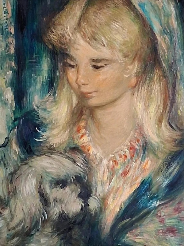 Original «Jeune Fille» (Young Girl with Dog) Pierre Eugene Duteurtre French Art