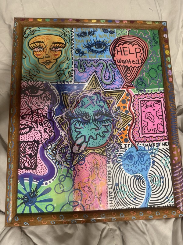 Ann original signed framed abstract pop art faces & eyes painting 2024