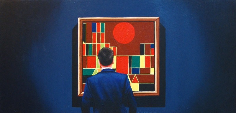 City Mosaic 24×12 -painting of a man enjoying artwork by Paul Klee- G Boersma