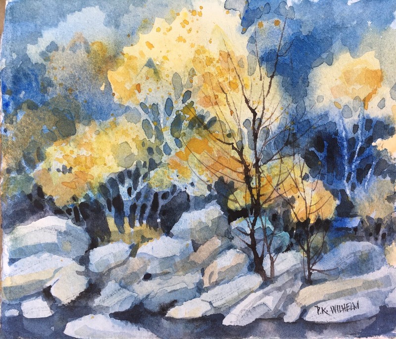 Original Watercolor Painting 5X6 Cool Blue Autumn Rock Creek Pamela Wilhelm