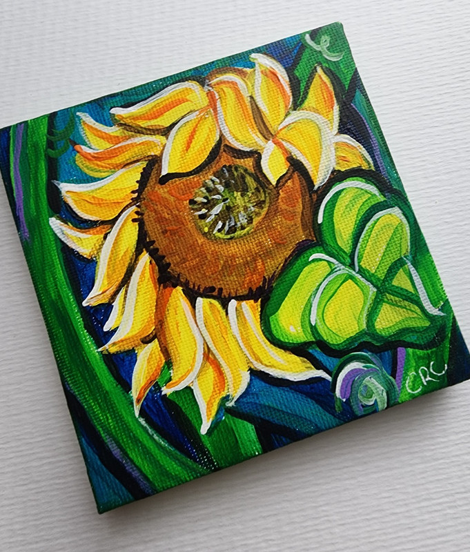 Original Acrylic painting miniature sunflower on canvas 4×4 inches signed