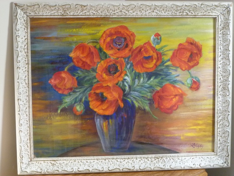 SB Vintage 1967 Original Oil Painting Poppy Bouquet Signed Framed Under Glass