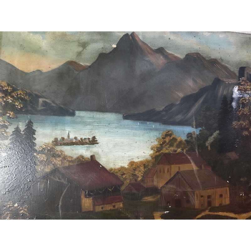 Antique Oil Painting Alpine Lake F.W. Devoe Board Ornate Frame Dark Landscape gallery