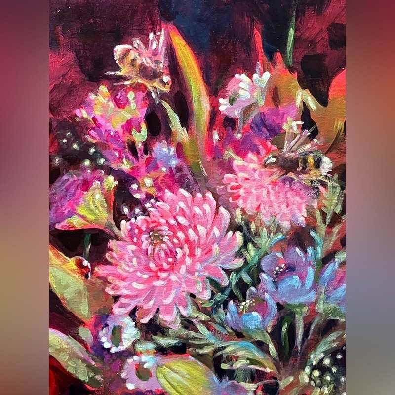Original Bumblebee bouquet painting floral still life surreal nouveau flowers gallery