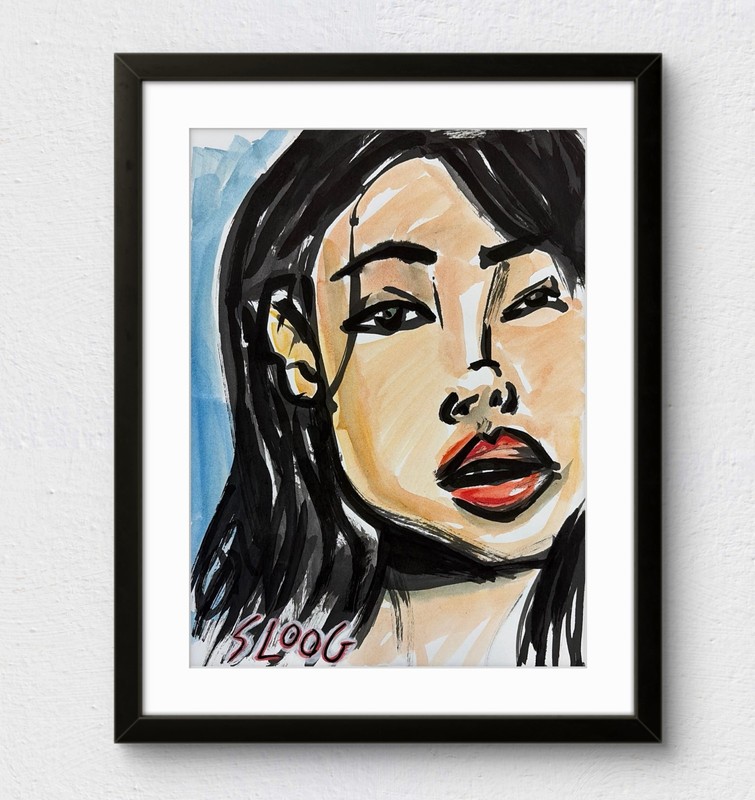 Sloog Original Art Expressionism Illustrated on Paper 9×12 Woman’s Portrait
