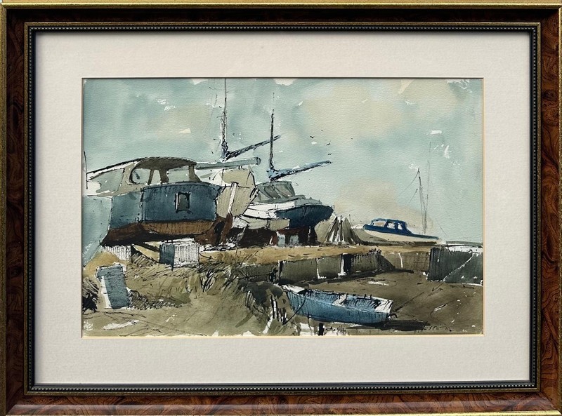 Edward Wesson (1910-1983) : Boats by a Harbour, signed watercolour