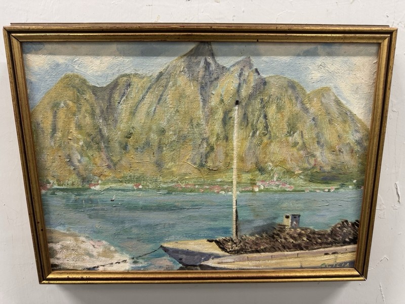 ORIGINAL ART BOAT HARBOR COASTAL MOUNTAIN IMPRESSIONIST gallery