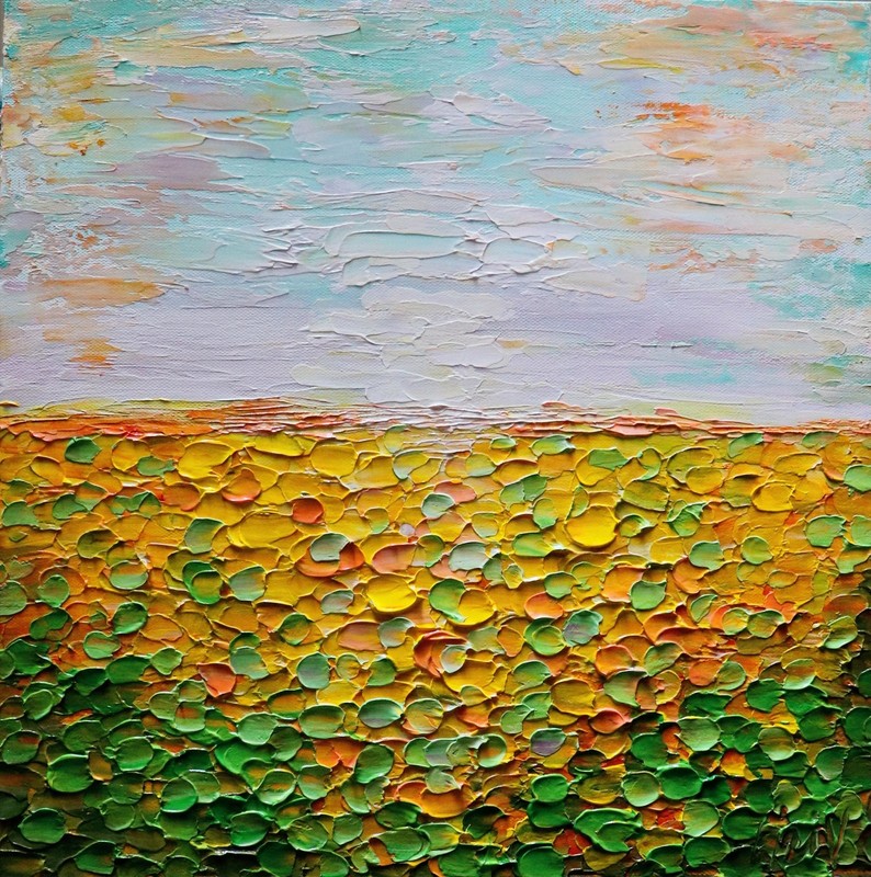 Abstract Sunflower Landscape Sunset Orange Green Yellow Original 16×16 Painting