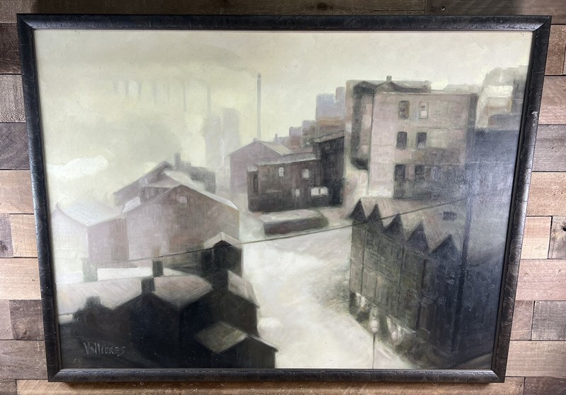 Antique Smoke Stacks Mill Scene Pittsburgh Oil On Canvas Art By Vallieres