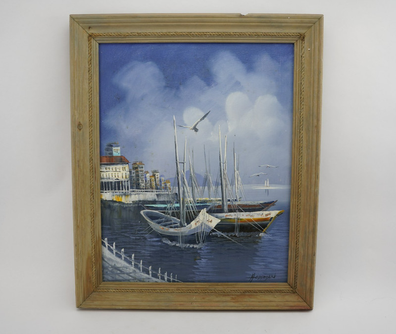 Vintage Nautical Oil Painting Signed by Hoddman Harbor Scene Sailboats 20″ x 24″