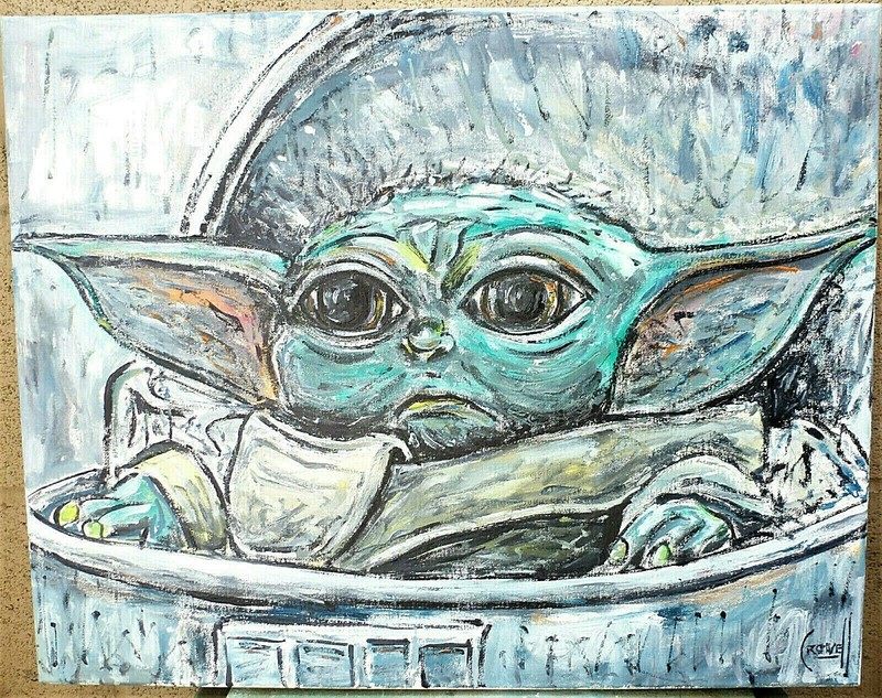 THE BABY YODA star wars Big new 16×20 oil Painting original art signed CROWELL