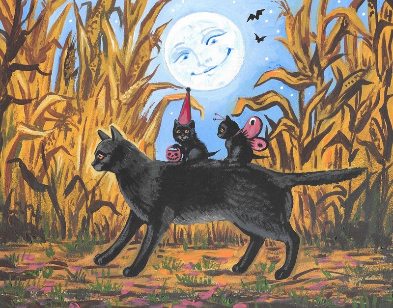 11×14 print of painting RYTA Halloween Black CAT Trick or Treat Farm Folk Art 🎃