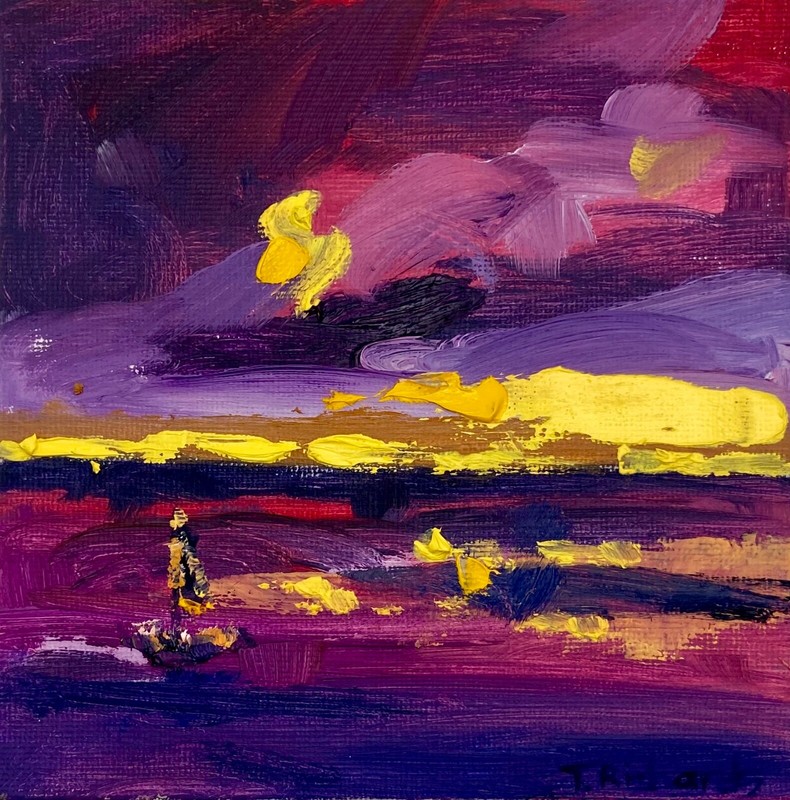 ORIGINAL oil painting Sailboat boat seascape artwork Nature night sky clouds 5×5