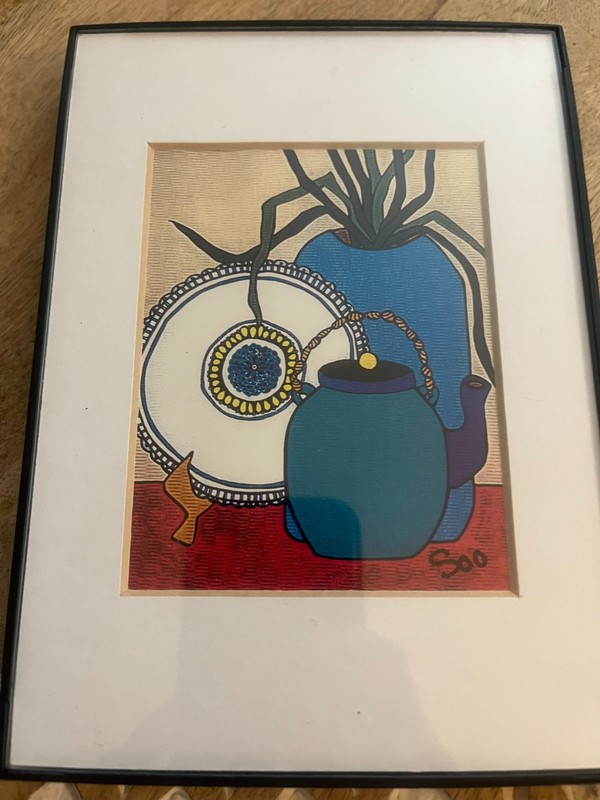 Framed Miniture Still LIfe, Teapot, Vase and Platter, Signed by Soo