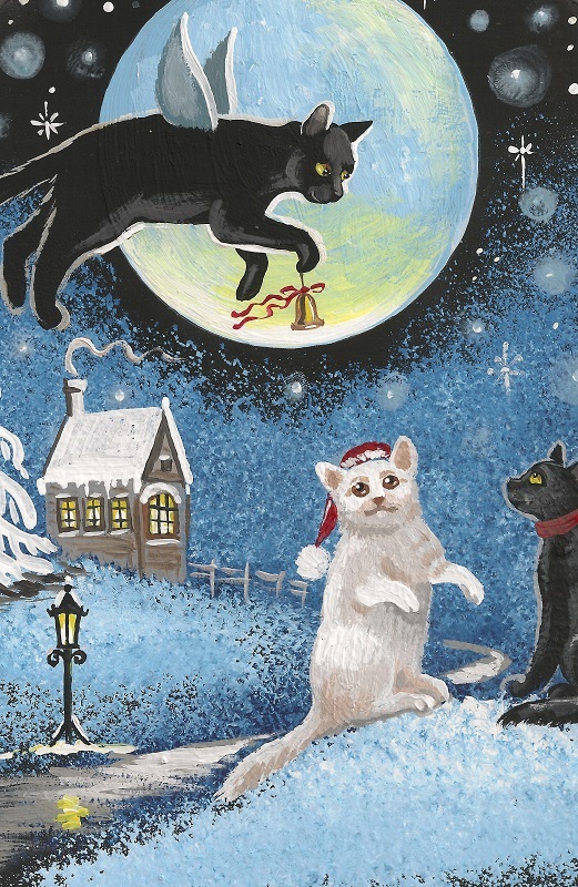 5×7 PRINT OF PAINTING RYTA BLACK CAT FOLK WINTER XMAS ANGEL FAIRY TREE SNOWMAN