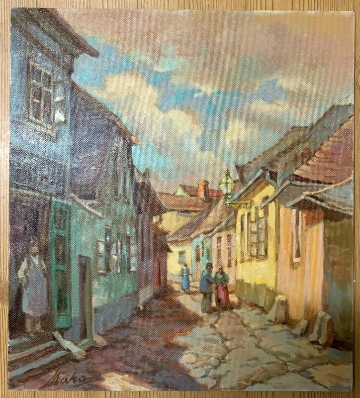 European Village Street Scene, Painting by BARTHOLOMEW MAKO C. 1950’s, Original