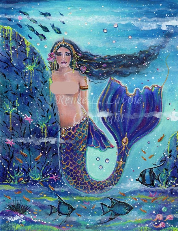 Mermaid Seductress original painting sexy tropical fantasy art By Renee Lavoie