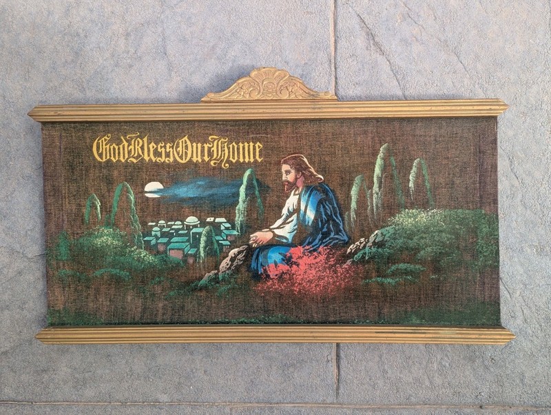 Jesus Christ Praying BLACK VELVET Painting Religious Folk Art MCM Framed Vintage