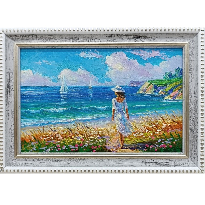 Beach Girl Original Oil Painting 4×6 Framed Signed Woman Sea Beachfront Art