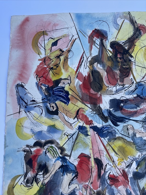 VINTAGE PAINTING ABSTRACT EXPRESSIONISM HORSES CAROUSEL CARNIVAL FAIR 1960'S gallery