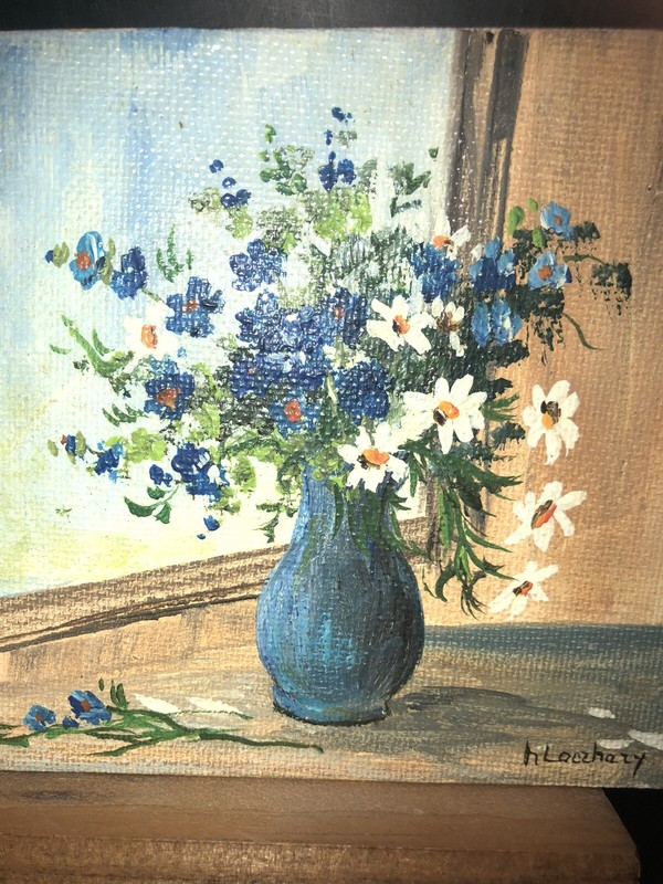 Vintage Mini Painting Still Life Daisies ￼2"x 3" Signed Madeline Laczhazy