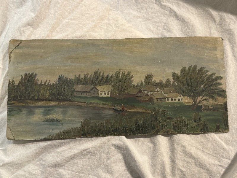 Antique Folk Art Primitive Landscape Oil Painting on Academy Board