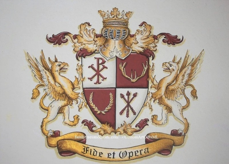 Elaborate Coat of Arms 20 x 24-inch Family Crest Paintings w. Shield Supporters