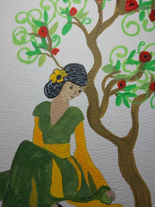 Original Painting Women With Cat Under Tree Figure Whimsical Art People 6×9 GAT