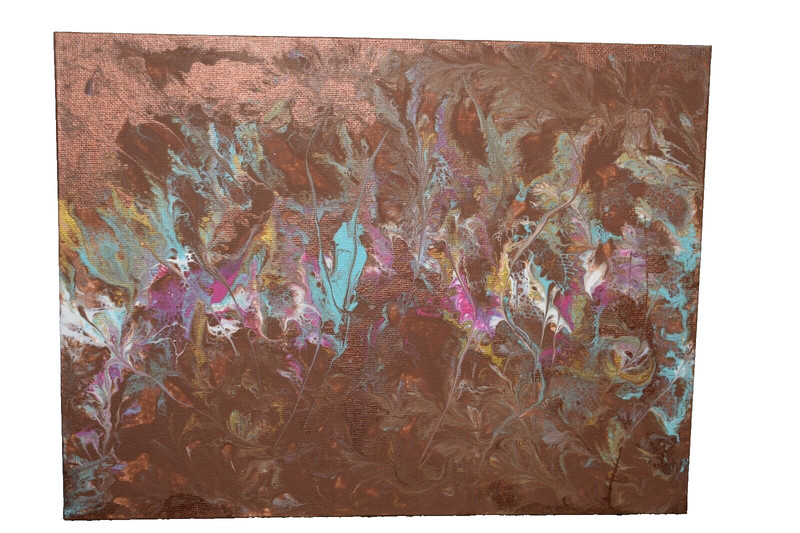 Metallic Bronze, Turquoise, Gold &White, Acrylic Pour Abstract Art Painting 9X12