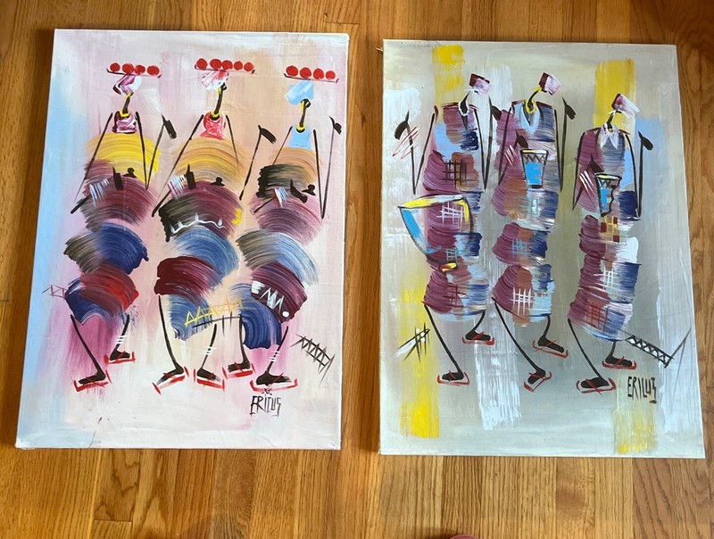 Pair (2) Ericus Gabbis Original Oil Paintings “3 Drummers” And “3 Dancers” Ghana