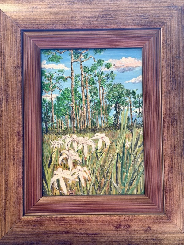Framed Original Floral Landscape Painting Wood Frame White Iris Nature Art Decor gallery